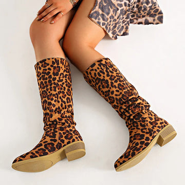 Xajzpa  New Fashion Leopard Women Knee-High Boots Autumn Winter Suede Point Toe Modern Boots Outdoor Plus Size Mid-Calf Woman Boots